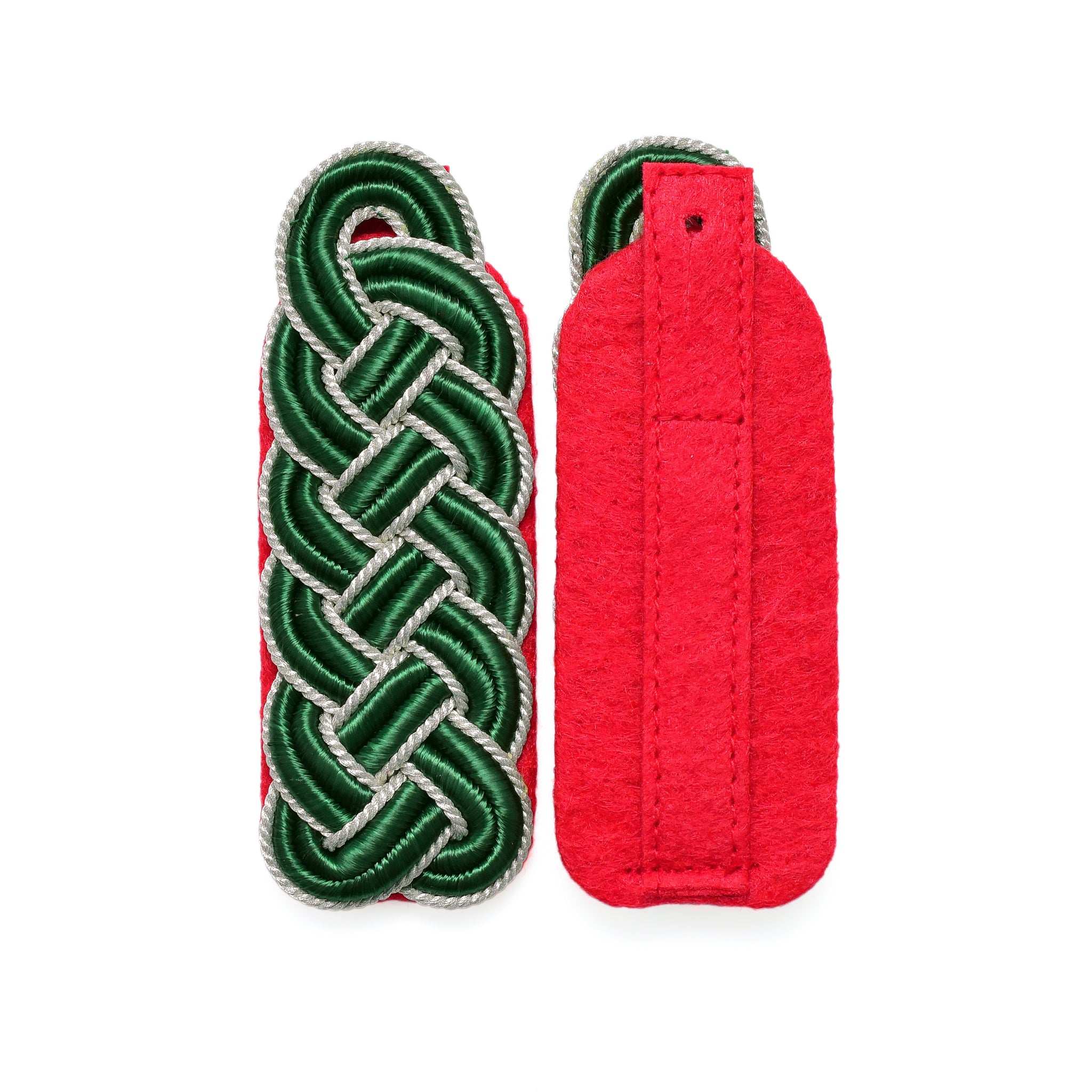 Schultergeflecht / Meistergeflecht grün Soutache mit silber Kordel rotem Filz