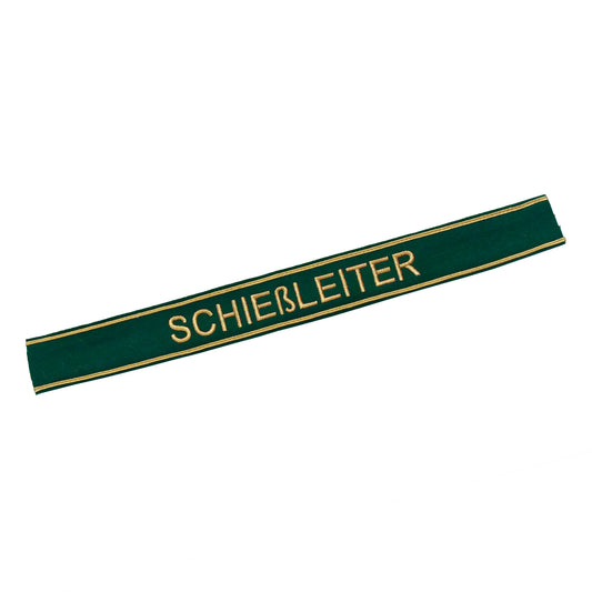 Verein Ärmelband / Ärmelstreifen " SCHIEßLEITER " auf dunkelgrünem Filz