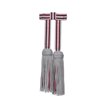 Schärpenquasten mit fester Schleife – silber mit rot/schwarz Streifen