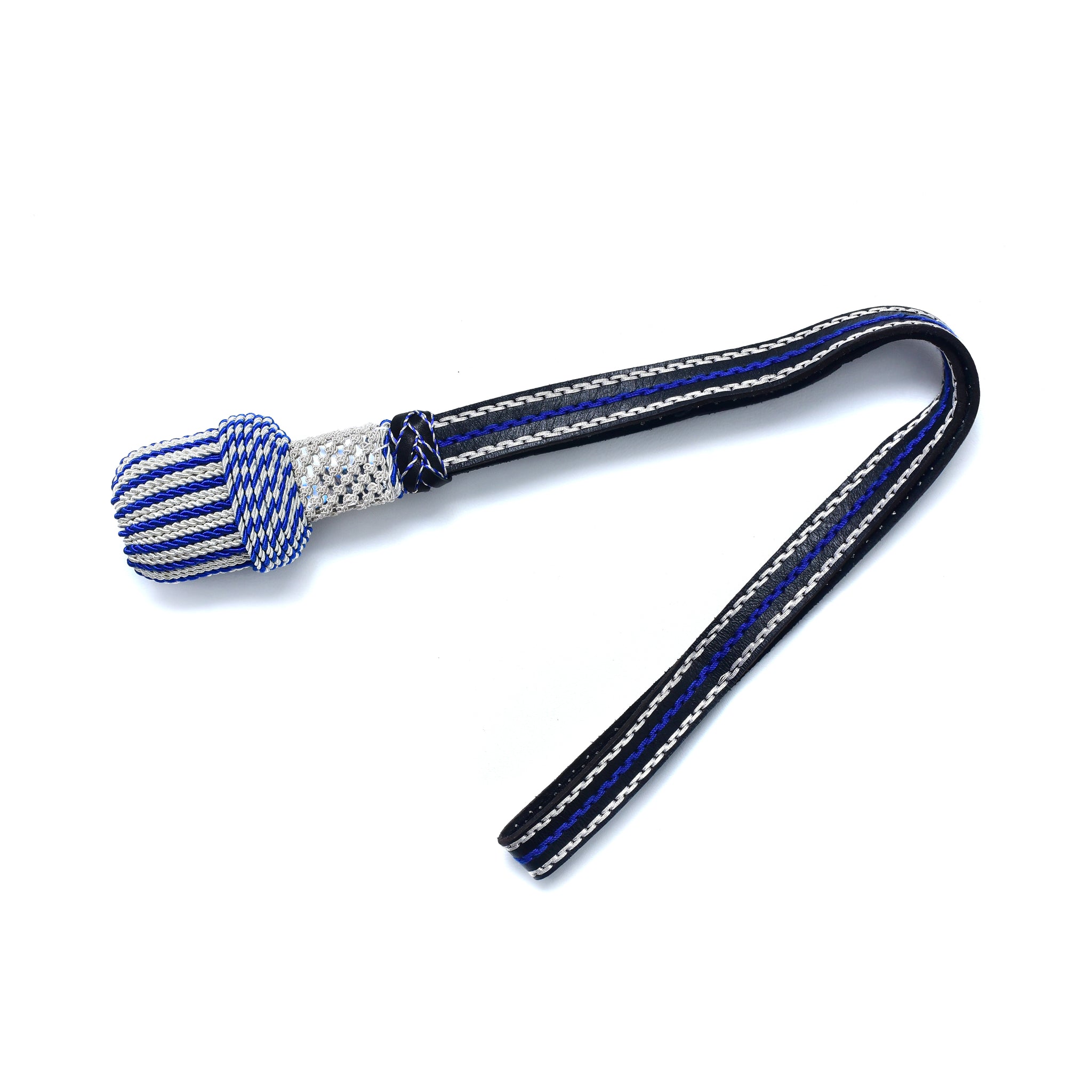 silber/blau Portepee mit Lederriemen Knot - ovale Quaste (grosse Ausführung)