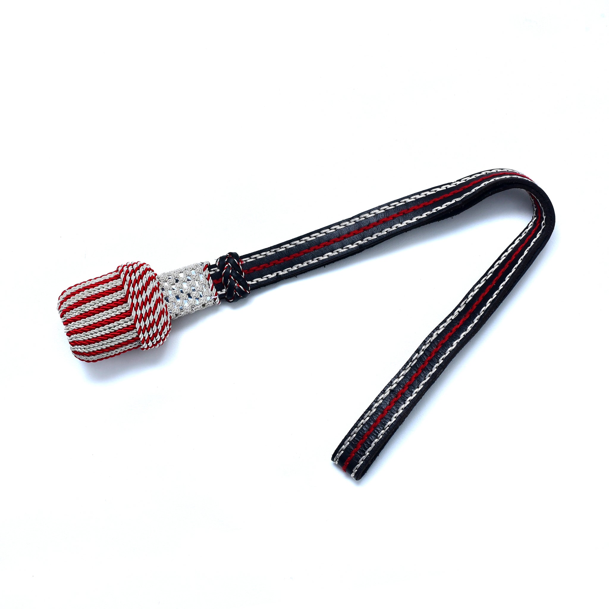 silber/rot Portepee mit Lederriemen Knot - ovale Quaste (grosse Ausführung)
